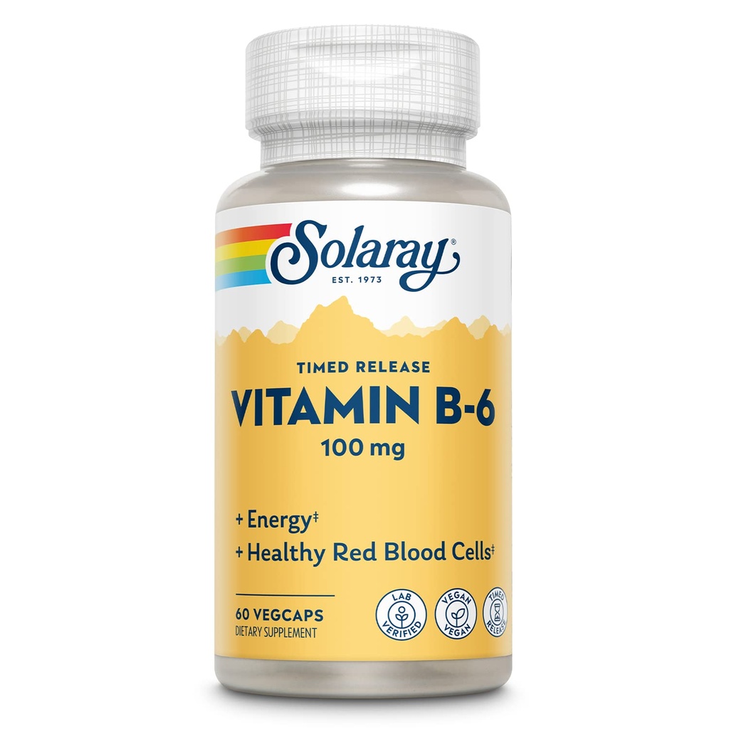 SOLARAY Vitamin B6 100mg - Vitamin B 6 Supplement as Pyridoxine HCl for Men and Women - Supports Cellular Energy Metabolism and Nerve Function - Timed Release Formula - Vegan - 60 VegCaps