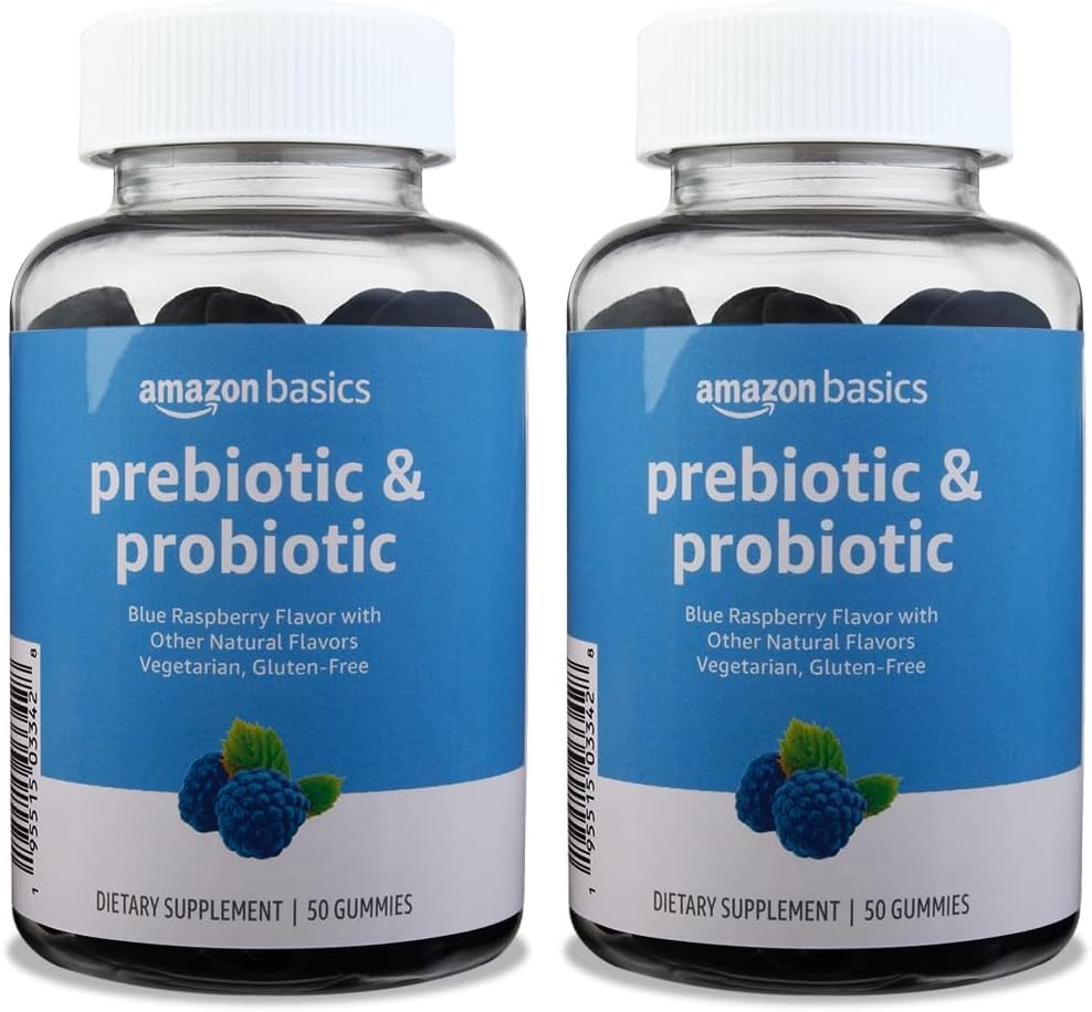 Amazon Basics Prebiotic & Probiotic Gummies, 2 Billion CFU, Blue Raspberry, 50 Count (2 per Serving) (Previously Solimo) (Pack of 2)