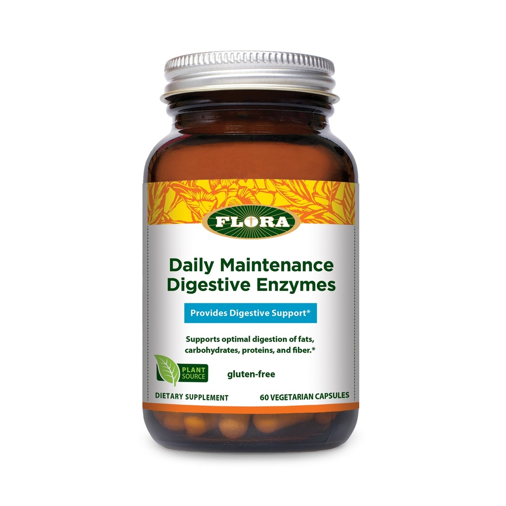 Flora Daily Maintenance Enzymes digestifs - Contient 7 Enzymes pour le soutien de la santé digestive - Aides Gaz et Bloating - Non-OGM et sans gluten - 60 Capsules végétariennes