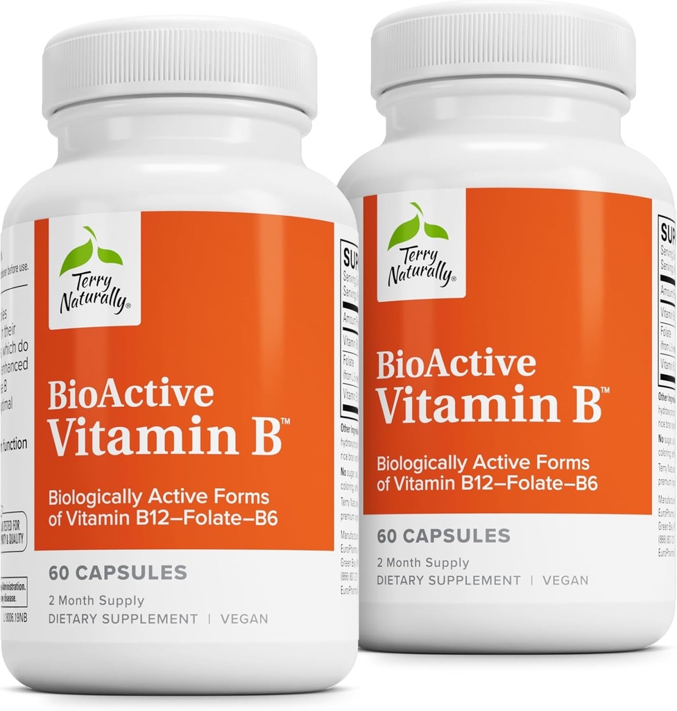 Terry naturellement BioActive Vitamine B - Aide à la santé cardiaque avec les vitamines bioactives B - Supplément avec le folate et le calcium - B complexe vitamine pour aider la fonction du système nerveux - 60 capsules (paquet de 2)