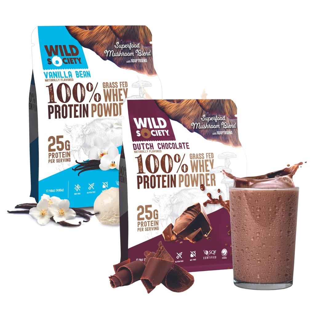 WILD SOCIETY - Top Flavor Mulitpack - 100% Grass Fed Whey Protein Powder + Superfood Mushrooms & Adaptogens - 25g Protein, Clean Protein Powder, 0 Added Sugar, Non GMO, Gluten Free -