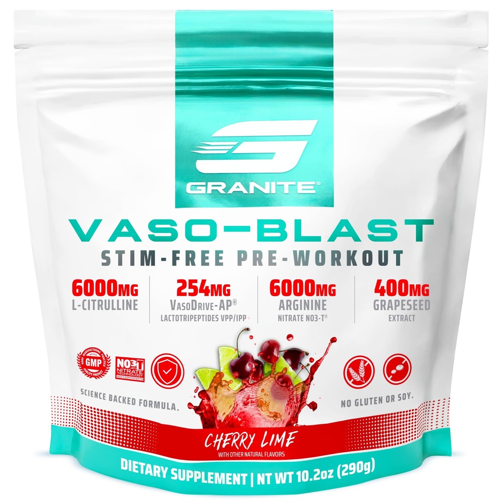 Granite Suppléments Vaso Blast, Cherry Lime Flavor, Stimulant-Free Préentraînement pour les hommes et les femmes avec extrait de raisin, Arginine Nitrite, et VasoDrive-AP pour Max Pump (20 portions)