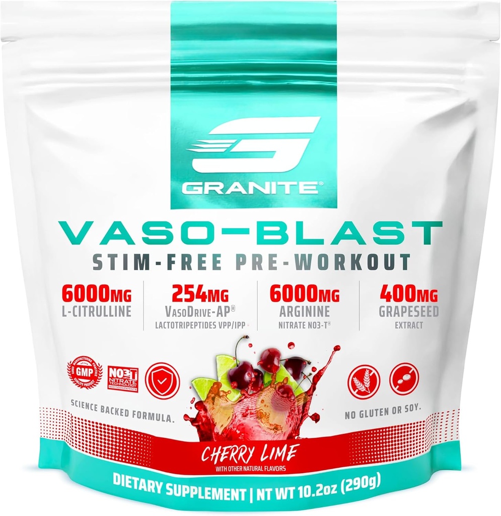 Granite Suppléments Vaso Blast, Cherry Lime Flavor, Stimulant-Free Préentraînement pour les hommes et les femmes avec extrait de raisin, Arginine Nitrite, et VasoDrive-AP pour Max Pump (20 portions)