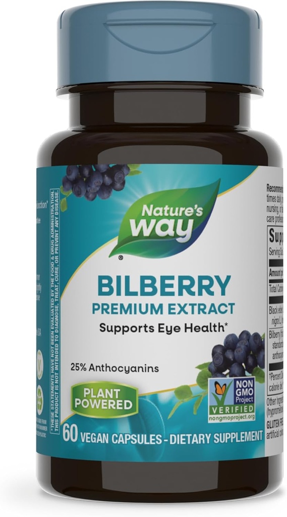 Nature's Way Bilberry Premium Extract, Supports Eye Health*, Eye Health Supplement for Adults with Black Elderberry*, Gluten Free, Vegan, 60 Capsules (Packaging May Vary)