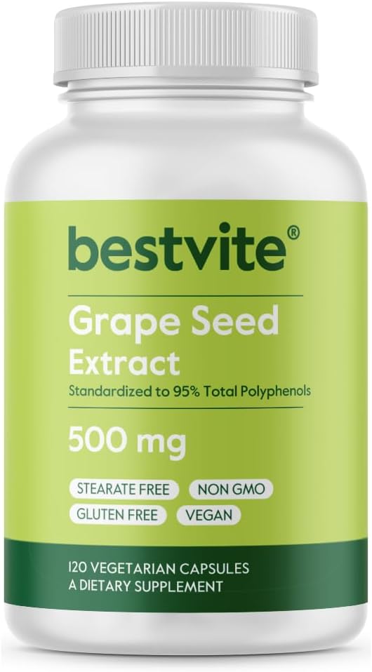 BESTVITE Extrait de graines de raisin 500mg (120 Capsules végétariennes) - Pas de stéarate - Standardisé à 95% Polyphénols