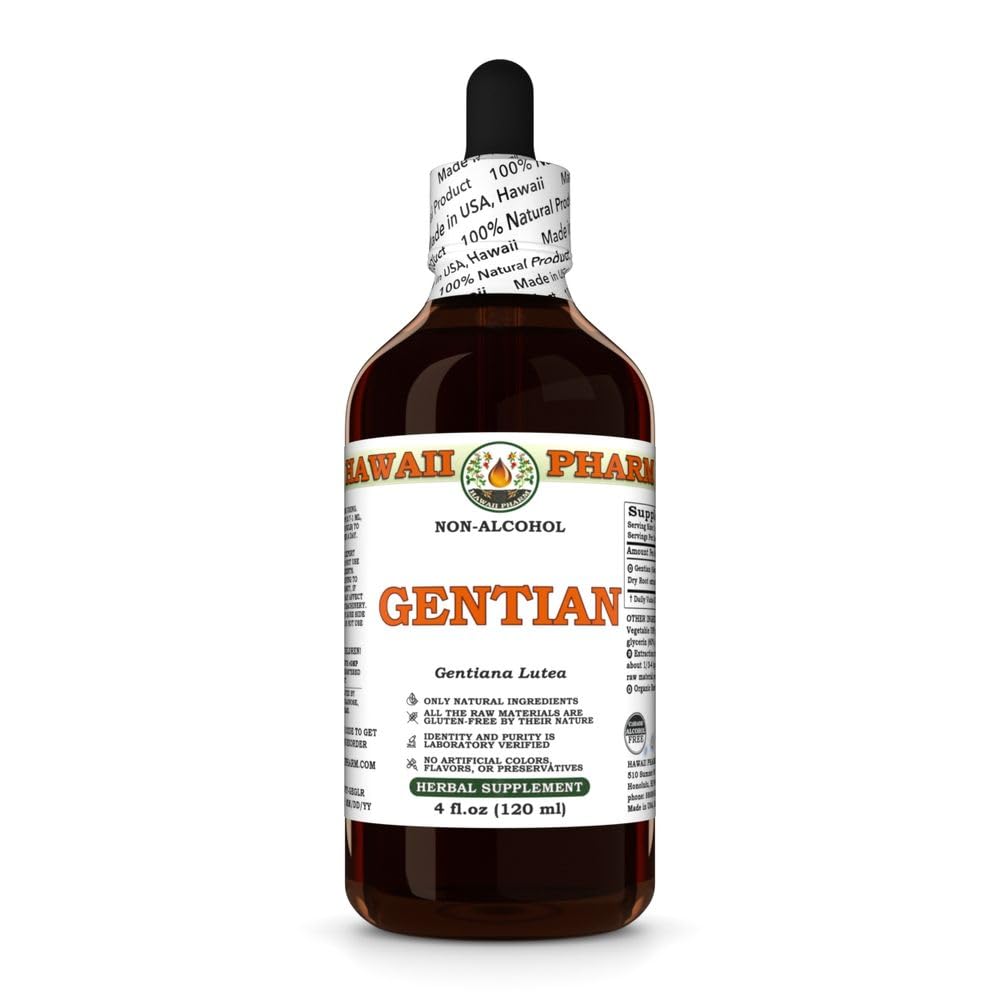 Gentian (Gentiana Lutea) Dry Root Glycerite, Made in Hawaii, Raw Materials, All Natural, Vegan, Lab Tested Alcohol-Free Liquid Extract - 4 fl.oz