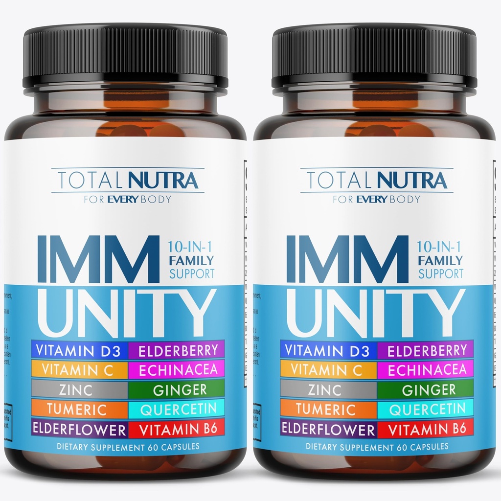 10-In-1 Supplément de soutien immunitaire: Immune Boosters pour les adultes et les enfants La défense quotidienne de l'immunité avec le système immunitaire clé Vitamines Zinc, Vitamine C et D, Plus Elderberry, Quercetin, Echinacea et plus, 60 capsules