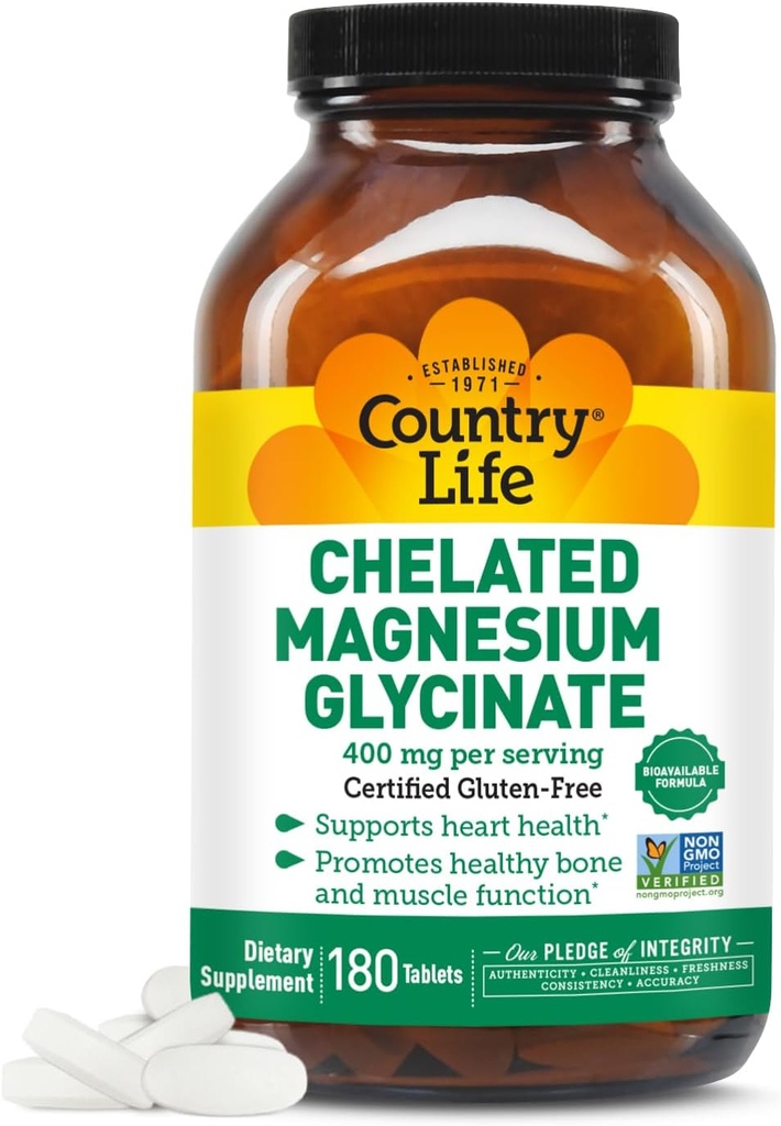 Country Life Glycinate de magnésium chélaté 400mg – Supplément de magnésium à haute absorption pour la relaxation musculaire, l'énergie, les os et l'immunité – sans gluten, végétalien, halal, non-OGM vérifié - 180 comprimés