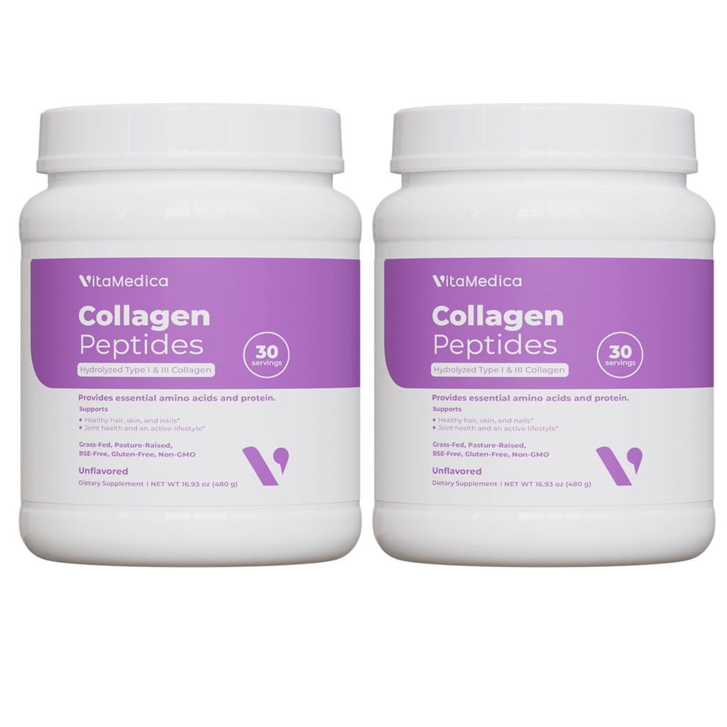 VitaMedica Collagen Peptides Powder for Women & Men - Healthy Hair, Skin, Nails, Bones and Joints - Hydrolyzed Types I & III, Grass-Fed, Pasture-Raised Protein, Zero Sugar - Pack of 2
