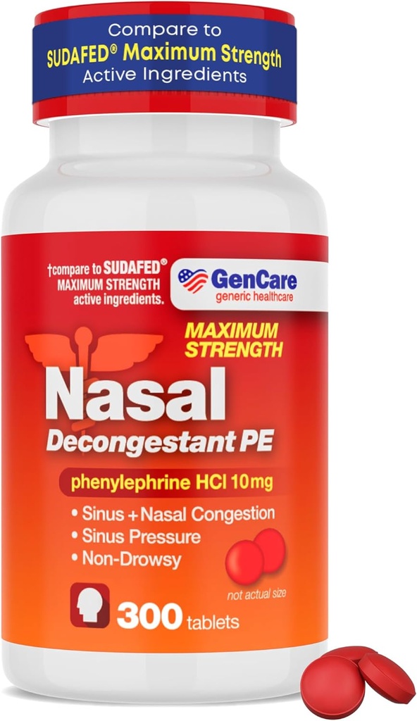 GenCare - Dégonflement nasal (10mg Comprimés) Phénylephrine HCl (300 Comprimés par bouteille)