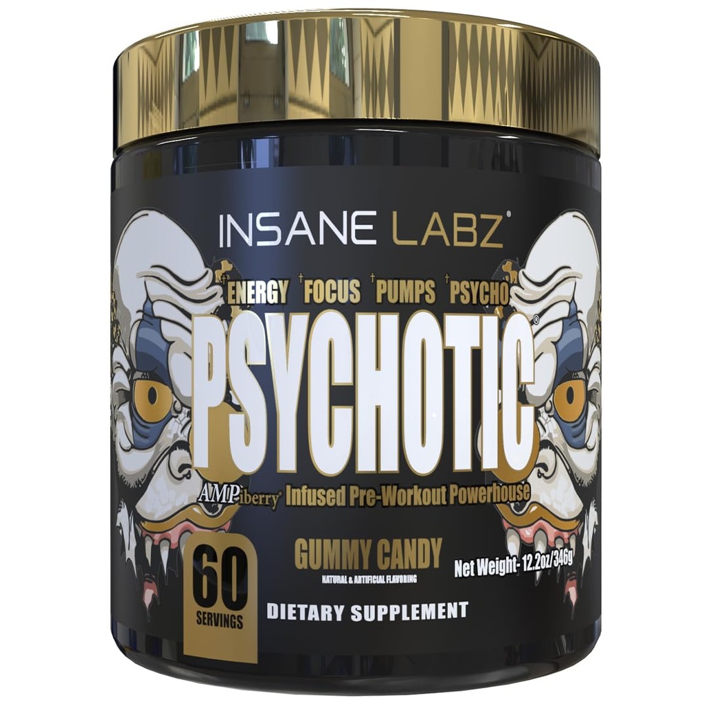 Insane Labz Psychotic Gold, High Stimulant Pre Workout Powder, Extreme Lasting Energy, Pumps and Endurance with Beta Alanine, DMAE Bitartrate, NO Booster (60 Servings, Gummy Candy)