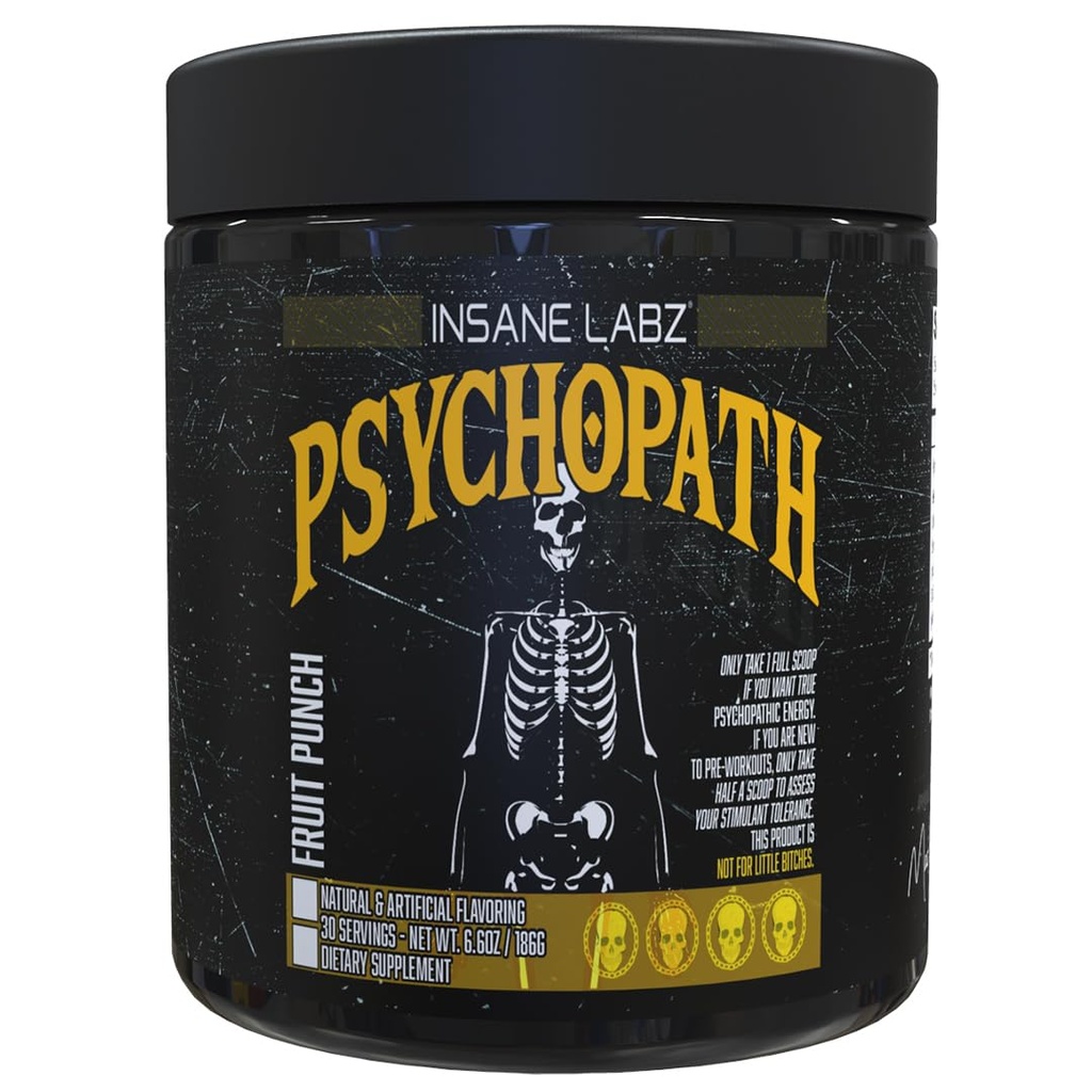 Psychopath, High Stimulant, Insane Energy, Focus and Endurance Preworkout Powder with Panax Ginseng, Rhodiola, Red Sage Root & Rauwolfia (30, Fruit Punch)