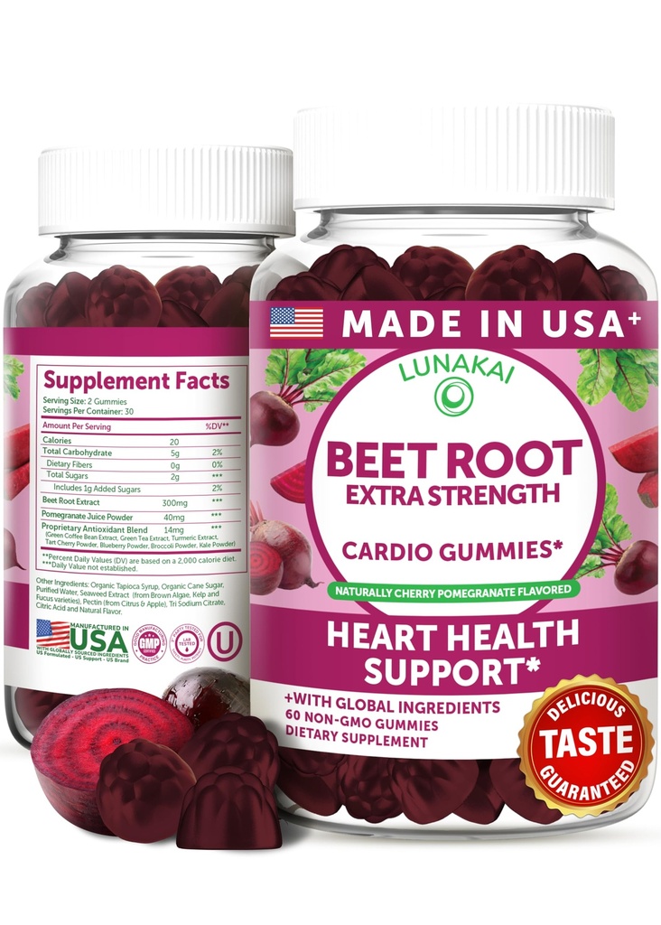 Lunakai USA Gommies de racines de betterave avec mélange antioxydant - Delicious Non-GMO Beet Chews, 60ct