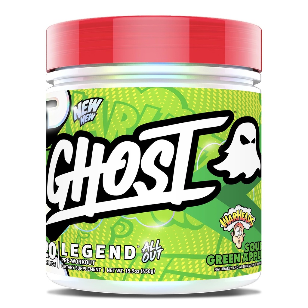 GHOST Legend All Out Pre-Workout Powder, Warheads Sour Green Apple - 20 Servings - Pre-Workout Supplement for Men & Women - Energy & Pumps - Caffeine, Citrulline, Beta Alanine, Betaine & NO3-T