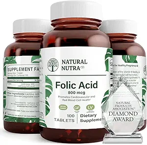 Supplément naturel de vitamine B9 à l'acide folique nutra, vitamine prénatale pour la santé cardiaque et cardiovasculaire, formation de globules rouges, suppléments sans gluten et végétariens, 800 mcg, 100 comprimés