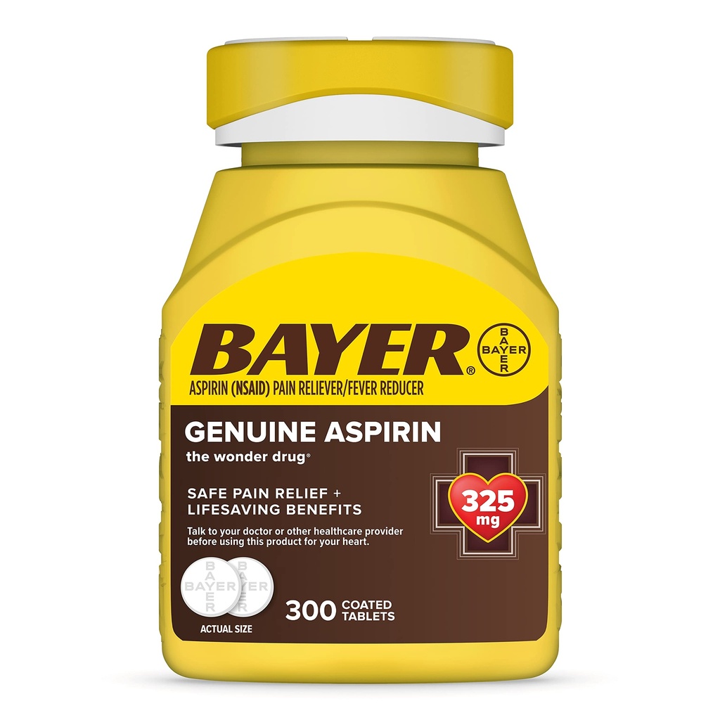 Bayer Genuine Aspirin 325 mg, Coated Tablets for Headache Relief, Multi-Symptom Pain Reliever and Fever Reducer, Pain Relief Tablets for Tooth and Muscle Pain, Backache, 300 Ct