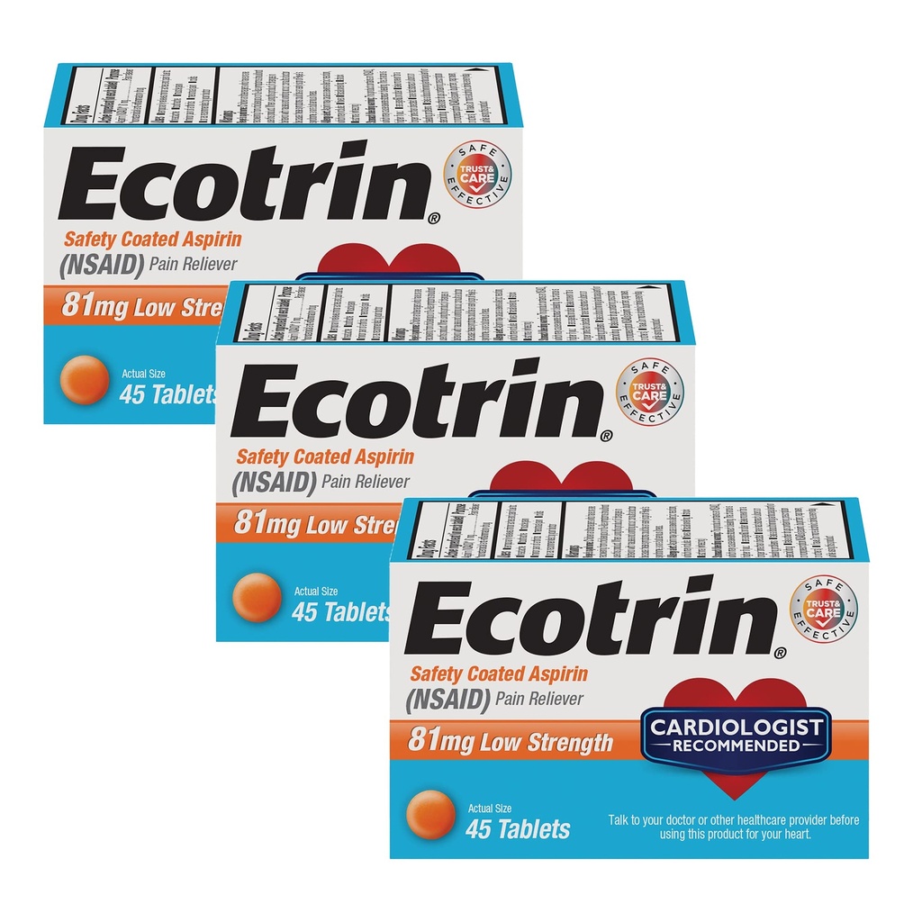 Ecotrin Safety Coated Aspirin Pain Reliever Tablets, Low Strength, NSAID 81mg, 45 ct (Pack of 3)