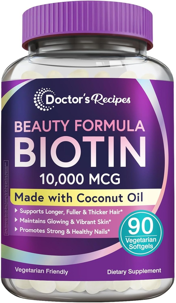 Recettes du médecin Biotine 10 000 mcg, Croissance des cheveux, Peau et ongles sains, Métabolisme énergétique, Biotine végétarienne amie, avec huile de coco, non-OGM, approvisionnement de 3 mois, 90 softgels végétariens
