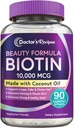 Recettes du médecin Biotine 10 000 mcg, Croissance des cheveux, Peau et ongles sains, Métabolisme énergétique, Biotine végétarienne amie, avec huile de coco, non-OGM, approvisionnement de 3 mois, 90 softgels végétariens