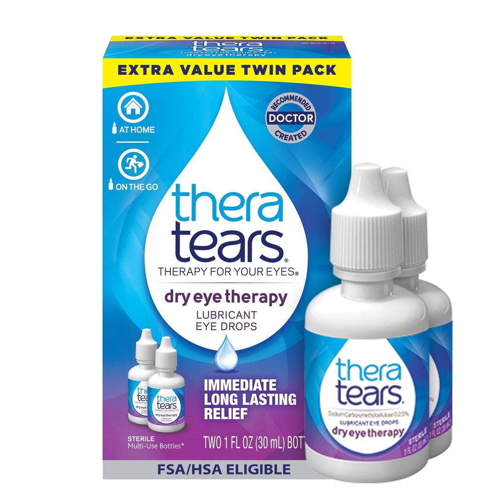 TheraTears Dry Eye Therapy Lubricating Eye Drops for Dry Eyes, 1 Fl Oz Twin Pack, (2 x 30mL Bottles)