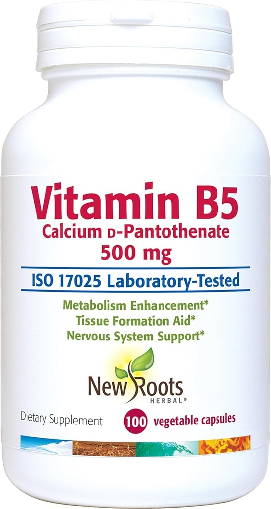 NOUVELLES ROOTS HERBAL Vitamine B5 (500mg) avec Calcium , Vitamine B5 Supplément à l'acide pantothénique (100 Capsules)