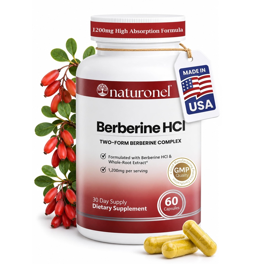 Berberine HCl 1200mg Supplement - Supports Metabolic Health & Cellular Energy Metabolism - High Absorption Berberine Supplement for Metabolic Health (1 Bottle)