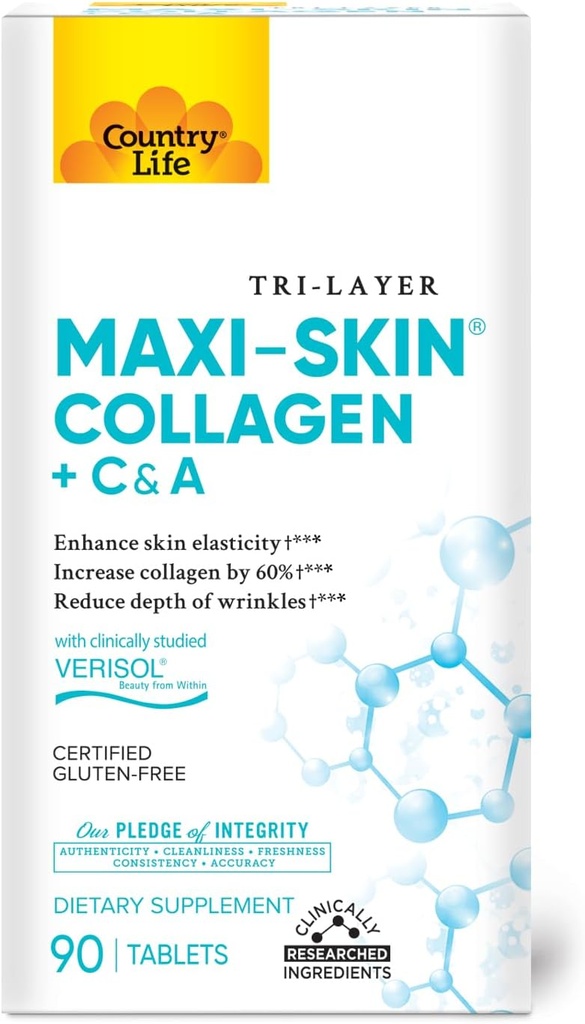 Country Life Verisol Collagen Peptides Tablets - Reduce Depth of W[KB2] rinkles & Enhance Skin Elasticity-90 Tablets-Includes Vitamin A&C - Collagen Powder for Women & Men - Boost Skin Collagen by 60%