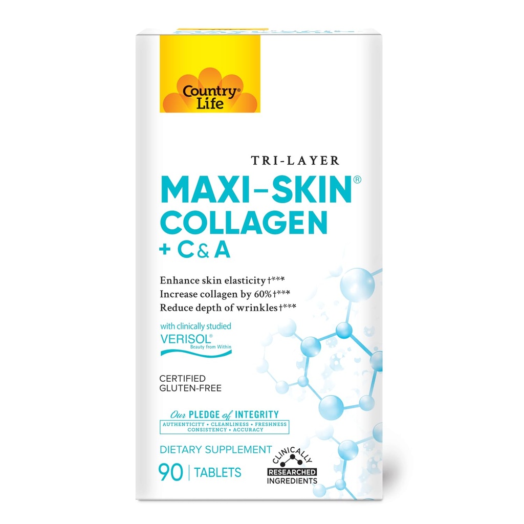 Pays Vie Collagène Verisol Peptides Comprimés - Réduire la profondeur des rides de W[KB2] et améliorer l'élasticité de la peau-90 Comprimés - Comprend Vitamine A&C - Collagène Poudre pour les femmes et les hommes - Boost Collagène de peau de 60%