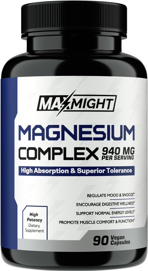Complexe de magnésium, 210 mg Magnésium élémentaire, Glycinate, Citrate et Malate, Non-OGM, Absorption maximale, Muscle, Mood, Énergie, 90 Capsules végétaliennes
