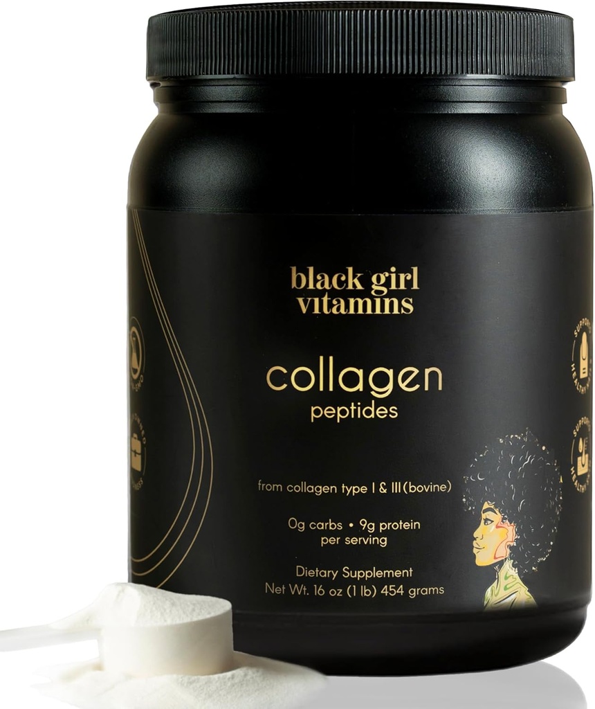 Vitamines Filles Noires en poudre de Peptides de Collagène - Collagène pour la peau, les cheveux et les ongles - Poudre de Collagène hydrolysée non aromatisée, sans lait, sans gluten pour les femmes et les hommes - 16oz