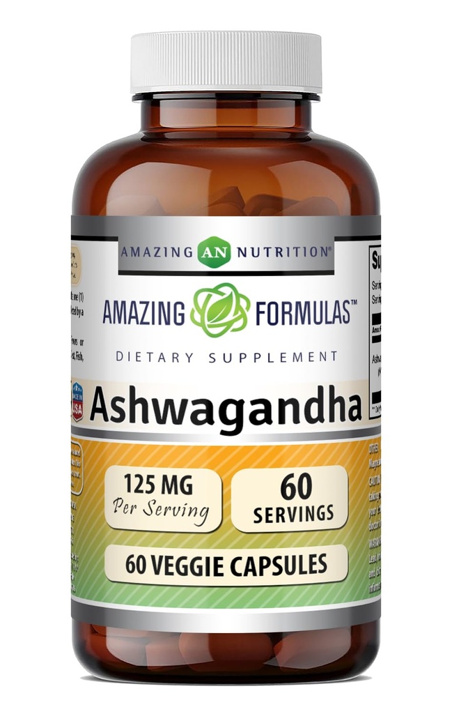 Amazing Formulas Ashwagandha Extract Supplement | 125 Mg Per Serving | Veggie Capsules | Non-GMO | Gluten Free | Made in USA (1 Pack, 60 Count)