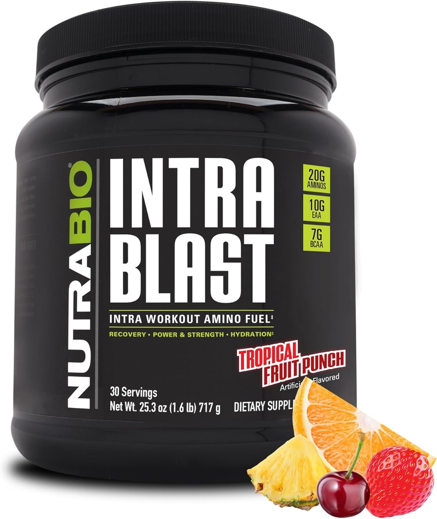 NutraBio intra blast Bcaa poudre amino supplément, électrolyte et mélange d'hydratation, intra, préentraînement et récupération musculaire, 20g Eaa Amino acides poudre, 5g Glutamine- punch de fruits tropicaux, 30 portions