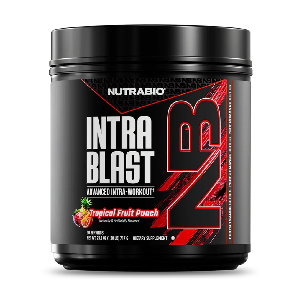NutraBio intra blast Bcaa poudre amino supplément, électrolyte et mélange d'hydratation, intra, préentraînement et récupération musculaire, 20g Eaa Amino acides poudre, 5g Glutamine- punch de fruits tropicaux, 30 portions