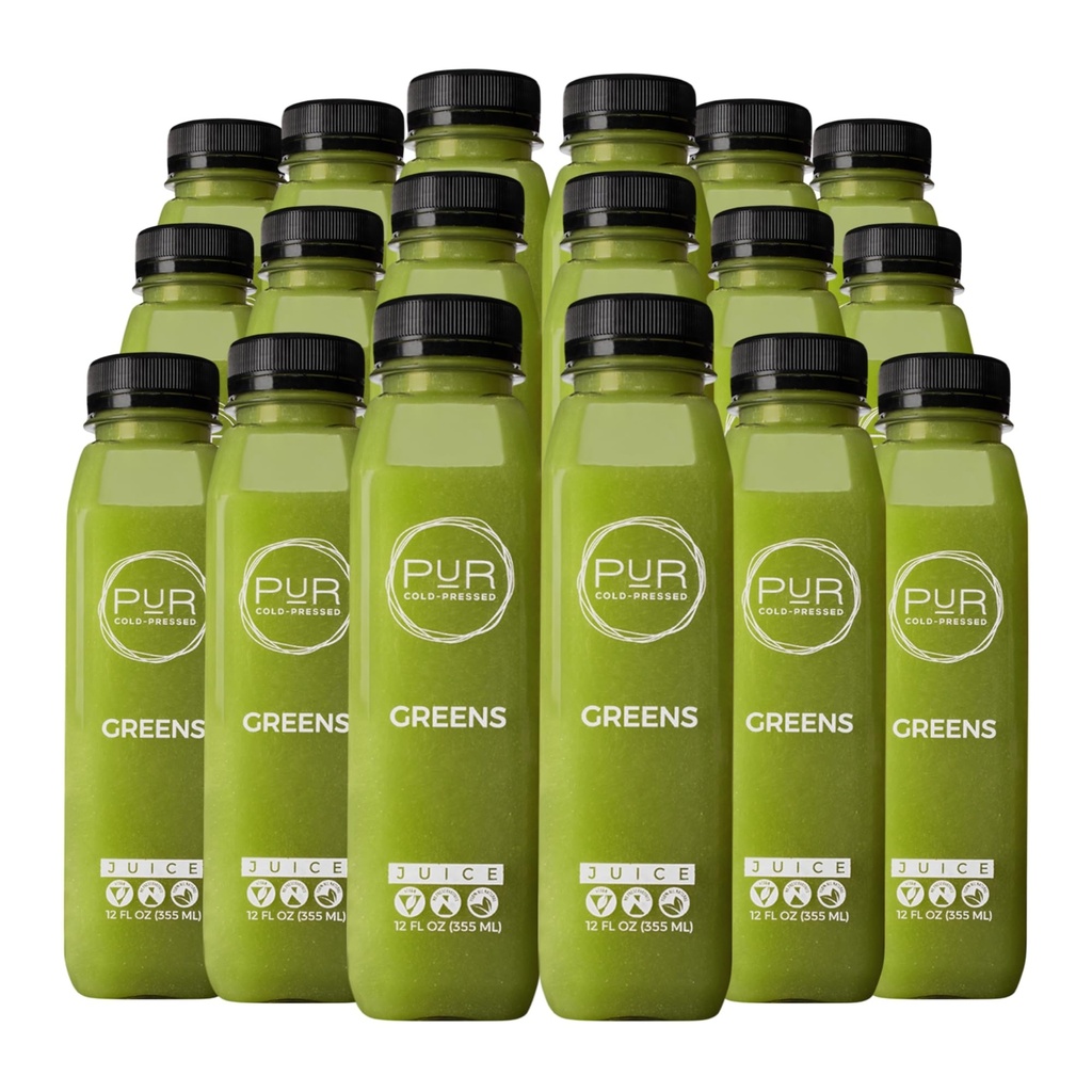 PUR Cold-Pressed Juice – Greens Juice 18 Pack – Kale, Cucumber, Celery, Apple, Lemon & Ginger – Energizing Drink Supports Wellness, Digestion & Cleanse Days – Raw, Pressed at Source