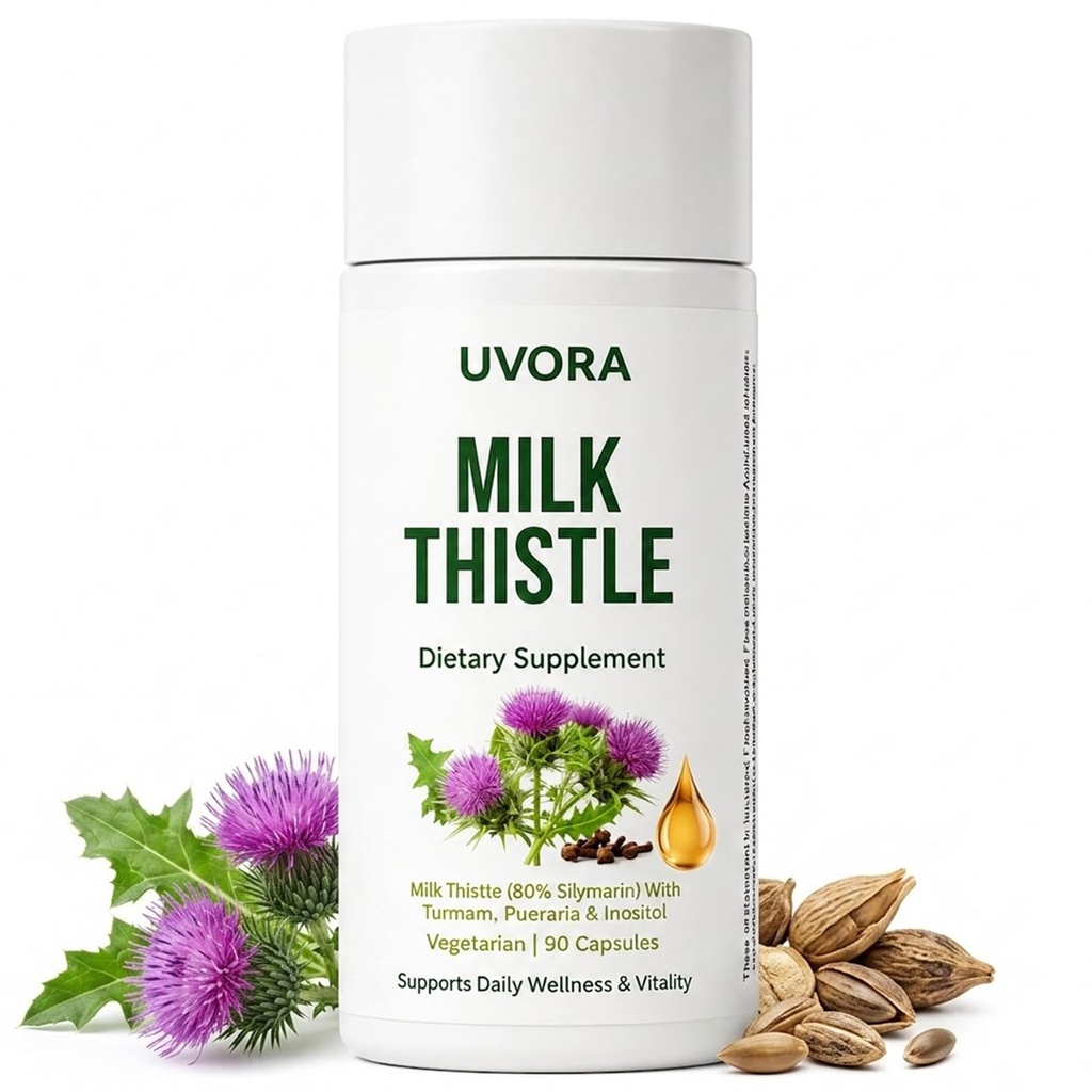 Uvora Milk Thistle Detox, 80% Silymarin Liver Support Formula with Inositol & Turmeric, Non-GMO Ingredients,Free from Gluten and Soy. Vegan-Friendly, 90 Capsules
