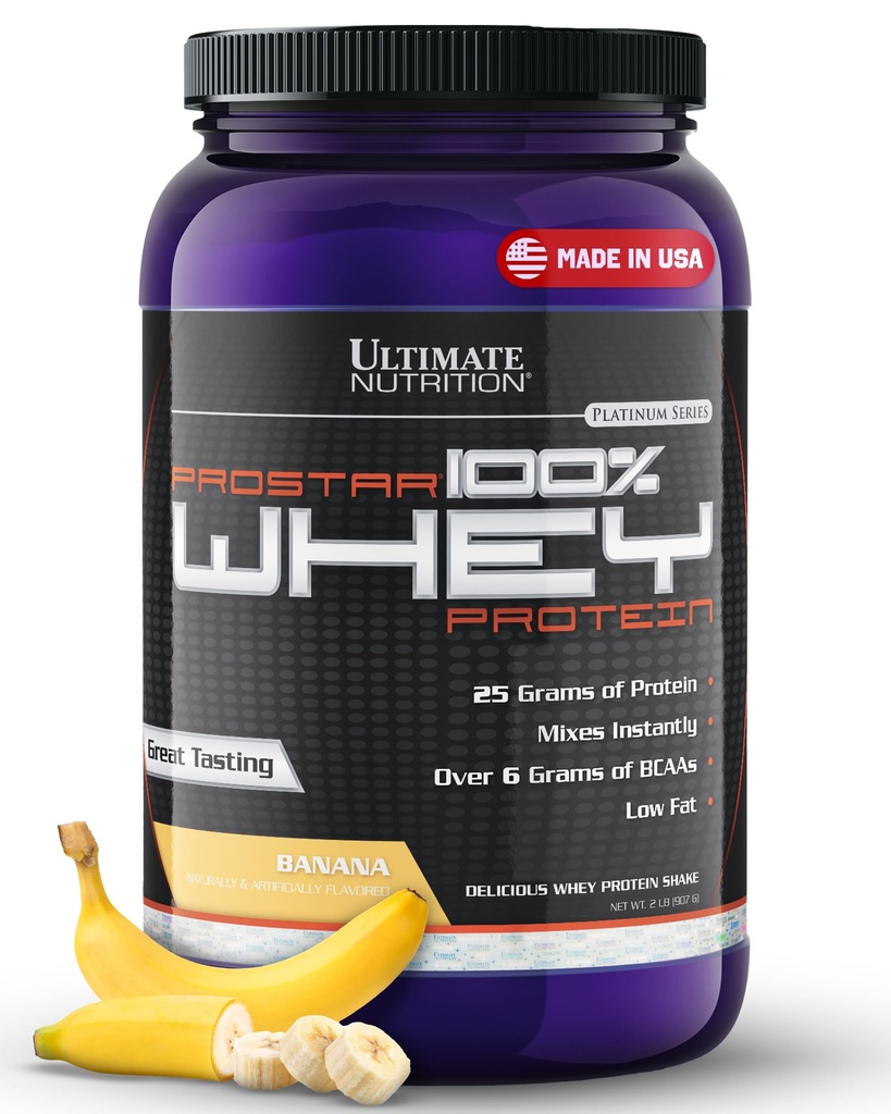 Ultimate Nutrition Prostar Whey Protein Powder Isolate, Banana - Low Carb, High Protein Powder Shake for Muscle Gain & Recovery - Low Sodium, Low-Fat & Keto Friendly - 2 lbs Tub