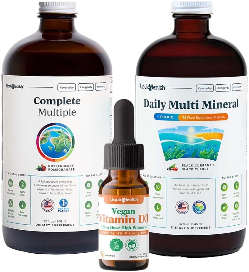 LIQUIDHEALTH Ultra Immunity Liquid Vitamine Bundle pour les adultes avec Multivitamine complète, Multi Minéraux quotidiens et Vitamine Végétale D3 gouttes - Immune support Vitamines, aliments entiers, végétalien, non OGM