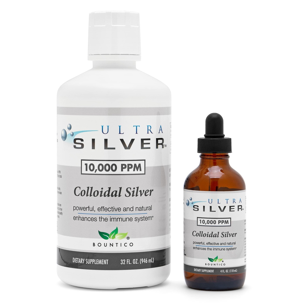 Ultra Silver® Colloidal Silver (10000 PPM), 32 Oz (946mL) (en anglais seulement) Supplément minéral (en anglais seulement) True Colloidal Silver - Bouteille à goutte de 4 oz (Empty) Inclus pour la distribution!