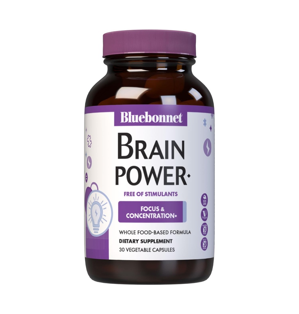 Bluebonnet Nutrition BrainPower – Whole Food-Based Nootropic Blend - for Brain Health*- Non-GMO, Vegan - Free of Gluten, Dairy, Soy & Stimulants - 30 Vegetable Capsules, 15 Servings