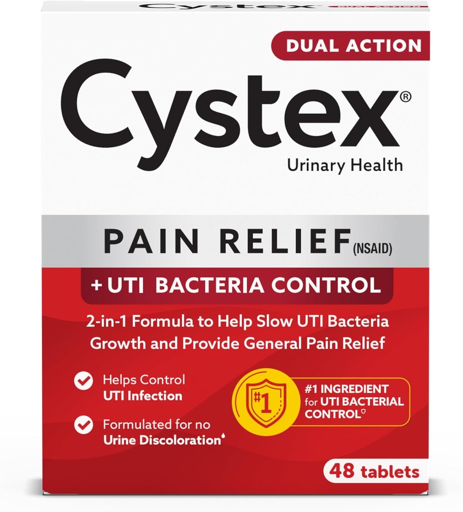 Cystex Dual-Action UTI Pain Relief & Prevention Comprimés - 2-en-1 Formule soulage le malaise et ralentit la croissance bactérienne - Non-salissure - 48-Conte