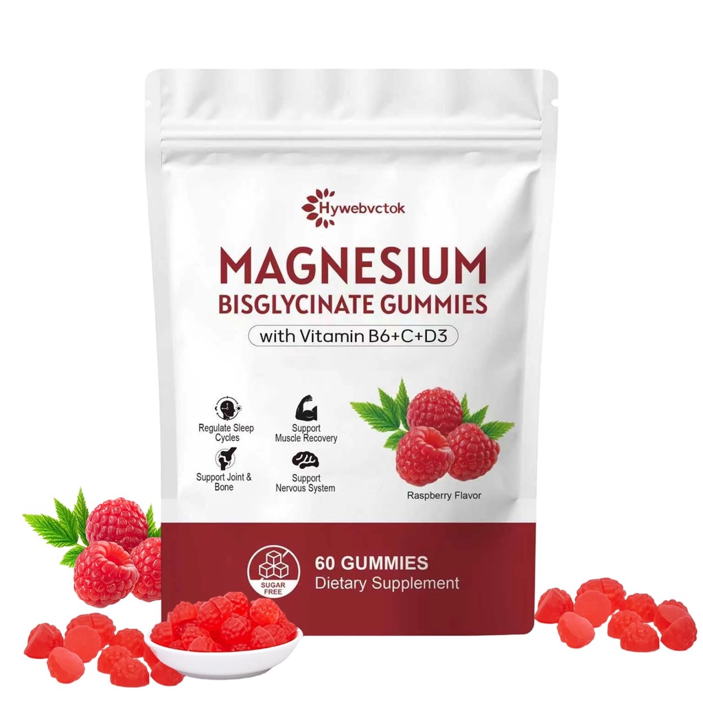 Hywebvctok 400mg Magnesium Bisglycinate Gummies with Vitamin B6, C, D3, Promotes Muscle & Nerve Function, Relaxation & Wellness, Raspberry Flavor, 60 Count