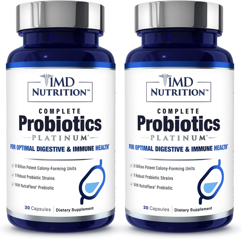 1MD Probiotiques Complete Platinum's Soutient la santé digestive' avec les prébiotiques nourrissants, 51 milliards d'UFC vivants, 11 souches, sans produits laitiers.