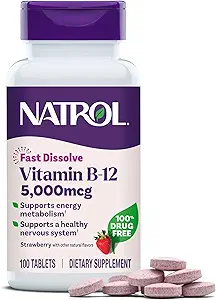 Natrol Vitamine B12 Dissoudre rapidement les comprimés, favorise l'énergie, soutient un système nerveux sain, la force maximale, l'arôme de fraise, 5000mcg, 100 Compte (paquet de 2)