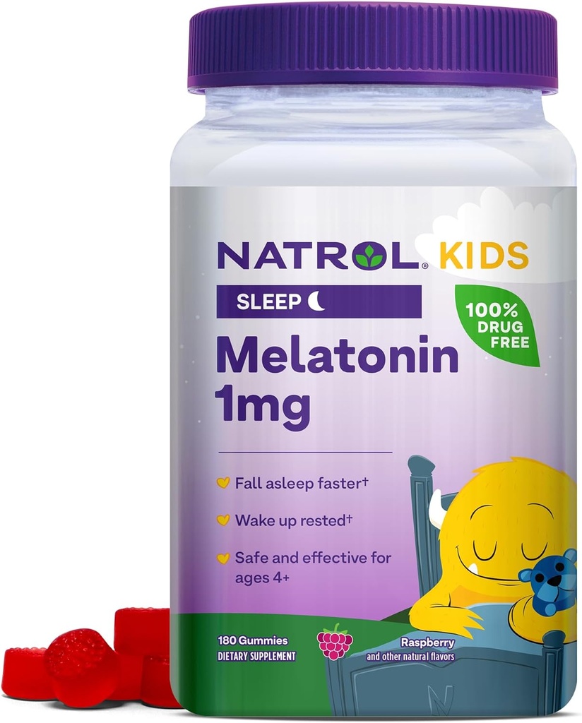 Natrol Kids Melatonin 1 mg, complément alimentaire pour le sommeil reposé, Gummées Melatonine pour enfants, 180 Gummées aromatisées aux framboises, jusqu'à 180 jours