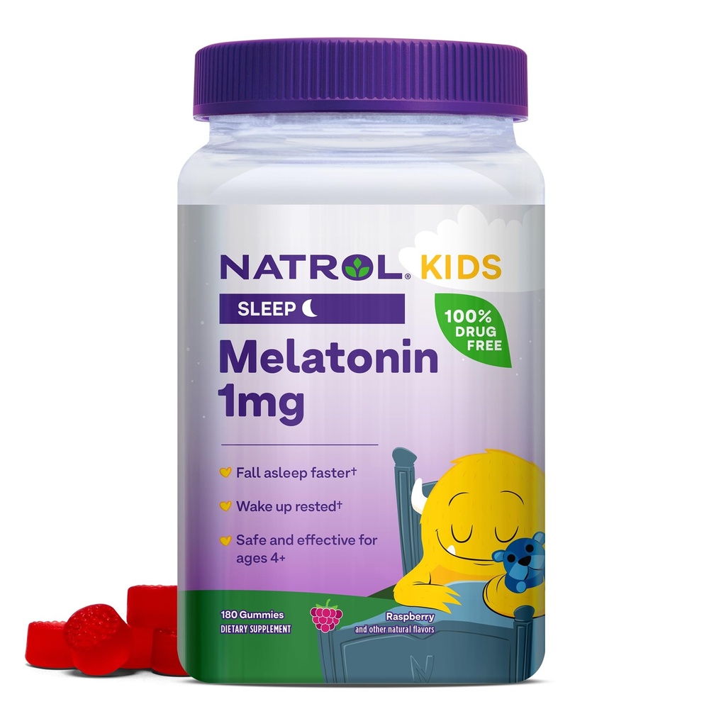 Natrol Kids Melatonin 1 mg, complément alimentaire pour le sommeil reposé, Gummées Melatonine pour enfants, 180 Gummées aromatisées aux framboises, jusqu'à 180 jours