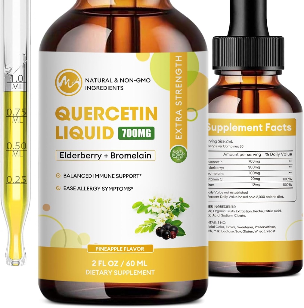 (2 pack) Quercetin gouttes liquides - Suppléments Quercetin 700mg - 4X plus forts que les pilules et capsules - 5 en 1 Quercetin avec la vitamine Bromelain Elderberry pour l'immunité Respiratoire Wellness- 2 Fl Oz*2