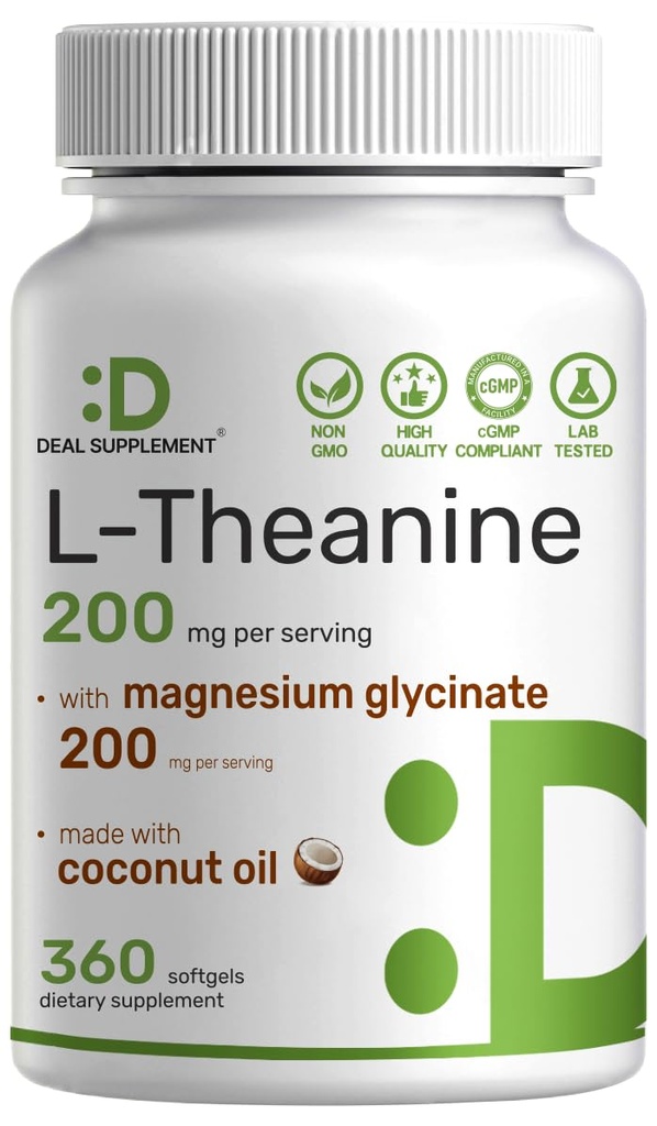 L-Theanine with Magnesium Glycinate, 360 Softgels | L-Theanine 200mg & Magnesium Glycinate 200mg per Serving | 2-in-1 Amino Acid & Mineral Complex | Made with Coconut Oil | Non-GMO, cGMP Manufactured