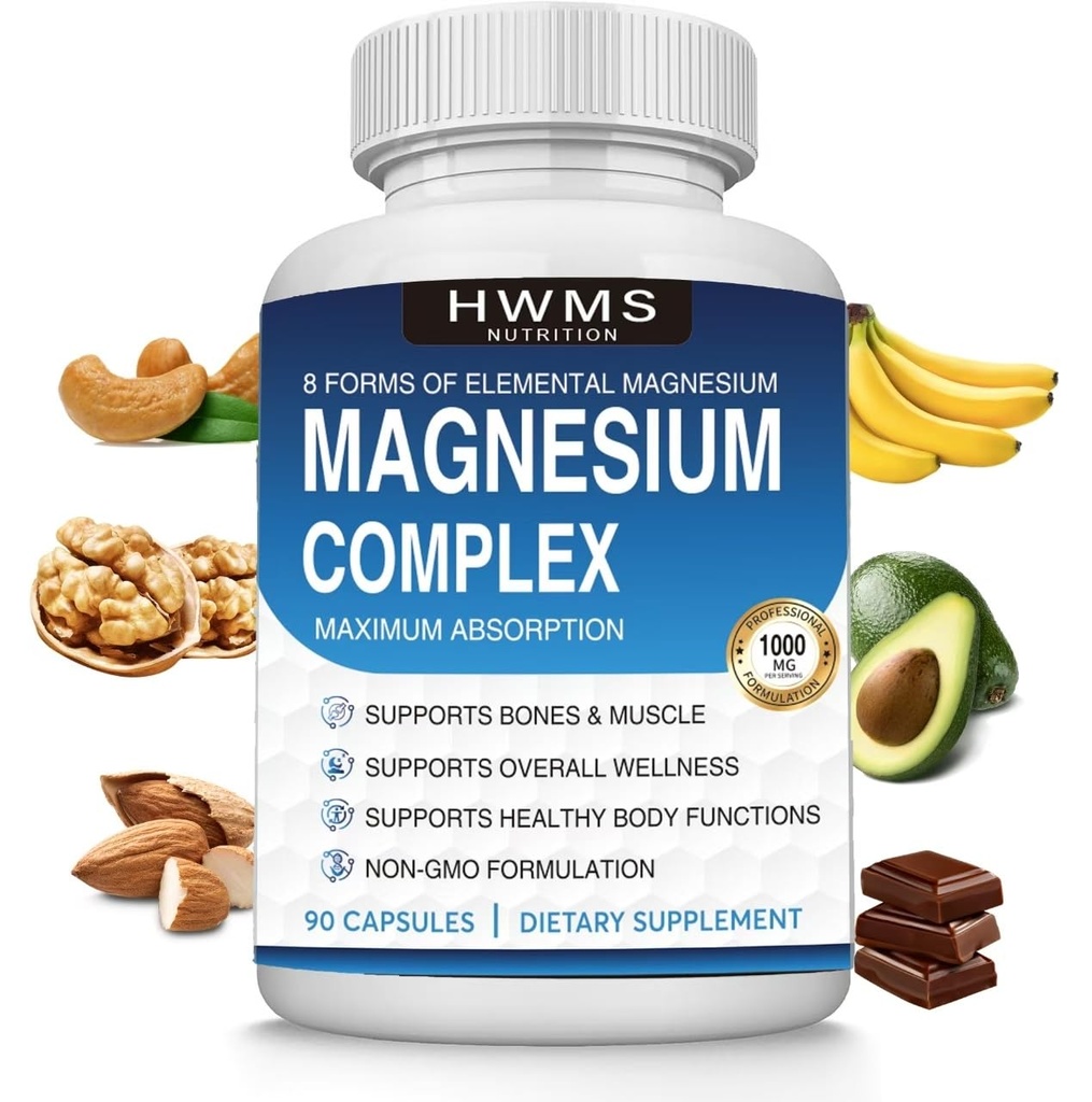 Magnesium Complex Supplement 8 Elemental 1000mg - Magnesium Glycinate, Taurate, Malate, Chelated for Easy Absorption for Bones, Muscle, Recovery, Energy, Vegan Non-GMO 90 Capsules