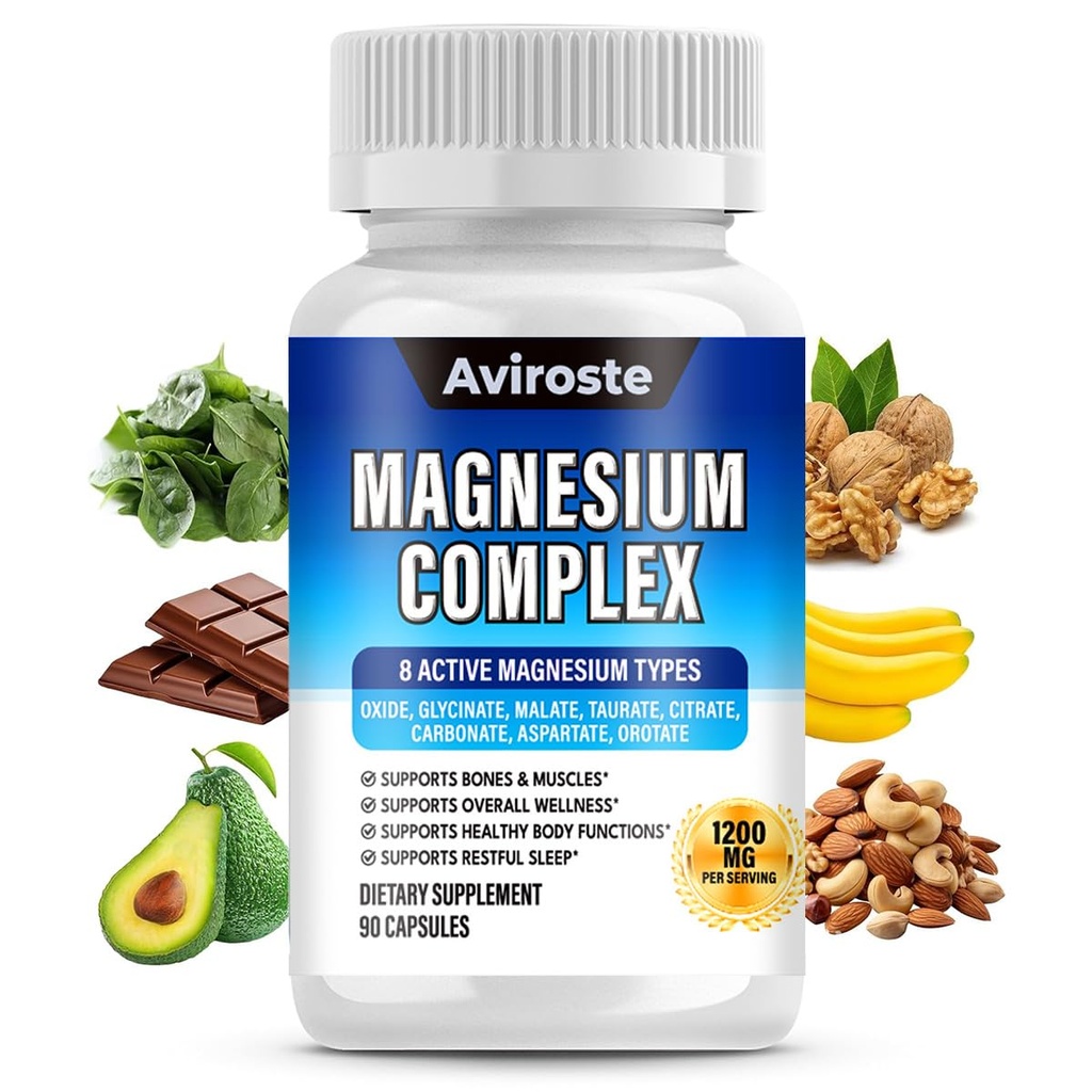 8 in 1 Magnesium Complex Supplement - 8 Elemental 1000mg - Magnesium Glycinate, Citrate, Malate, Taurate - High Absorption,for Muscle, Nerve & Sleep Support - 90 Capsules