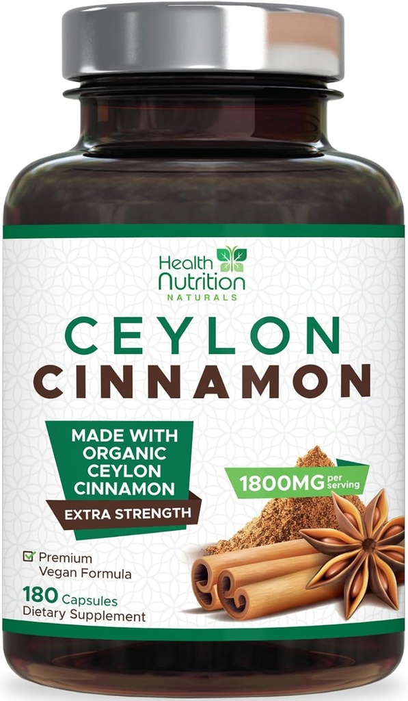 Ceylan Cinnamon Capsules 1800mg - Certified Organic Ceylan Cinnamon Powder Supplément, mis en bouteille aux États-Unis, Extra Strength Energy & Heart Support Pills, Non-OGM & sans gluten, sans sucre - 180 capsules